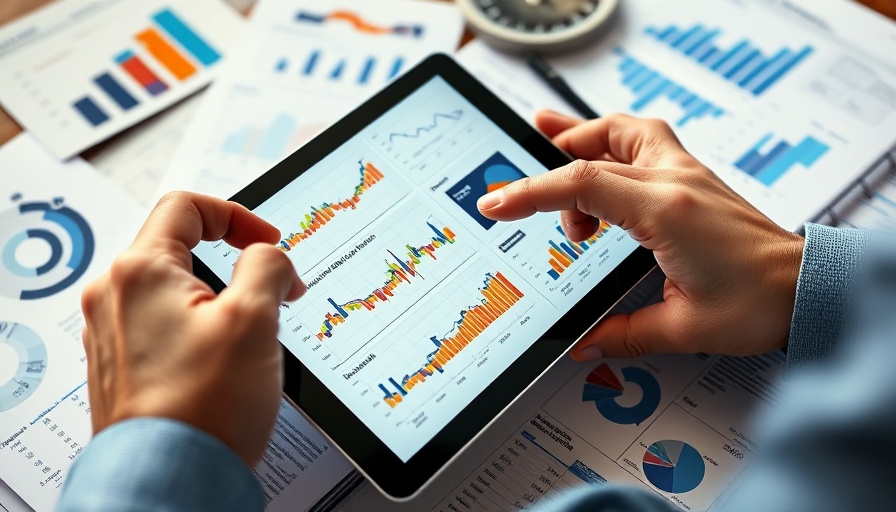 Two professionals analyze a social media dashboard on a tablet.