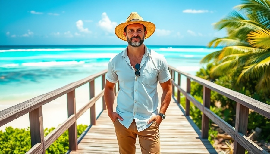 Confident man on boardwalk to beach, making $200K/year with rentals