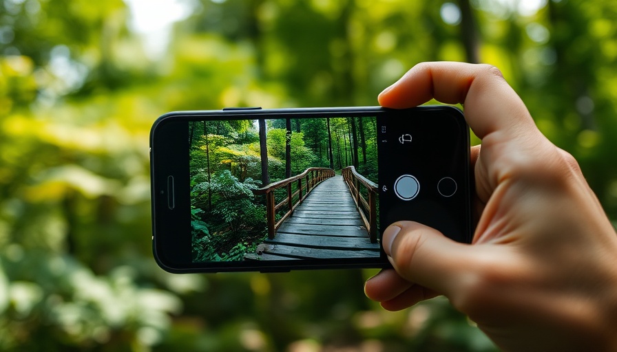 Hand holding smartphone with forest bridge image, showcasing nature photography concept.