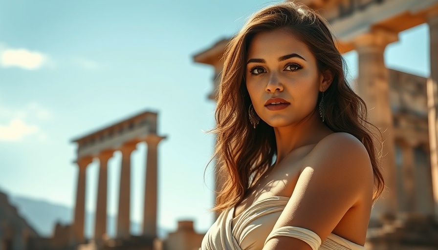 Elegant woman in white dress at ancient Greek site, Brand Archetypes to Attract Customers.
