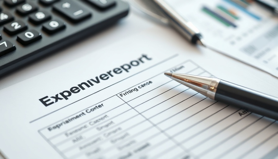 Close-up of free employee expense report template with pen and calculator.