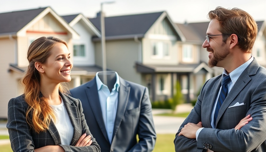 Two professionals in front of homes discussing home price growth predictions.