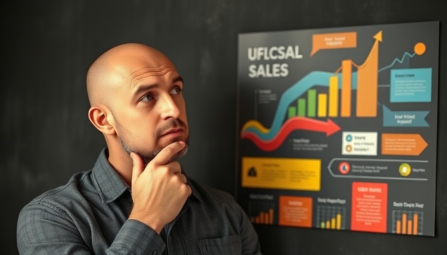 Confident man with sales infographic promoting offer ecosystem.