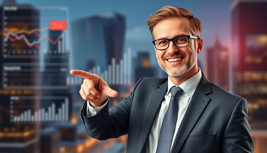 Confident businessman pointing in social media marketing context.