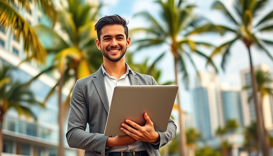 Young CEO in Miami with laptop, marketing visionary.