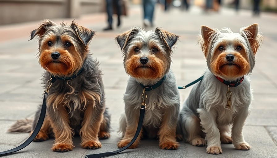Three dogs sitting on leashes with bright fur on pavement.