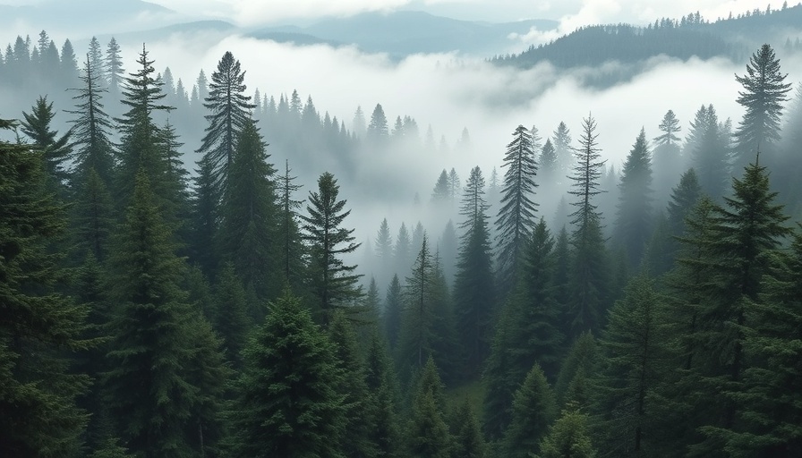 Misty forest landscape with fog-covered hills, serene ambiance.