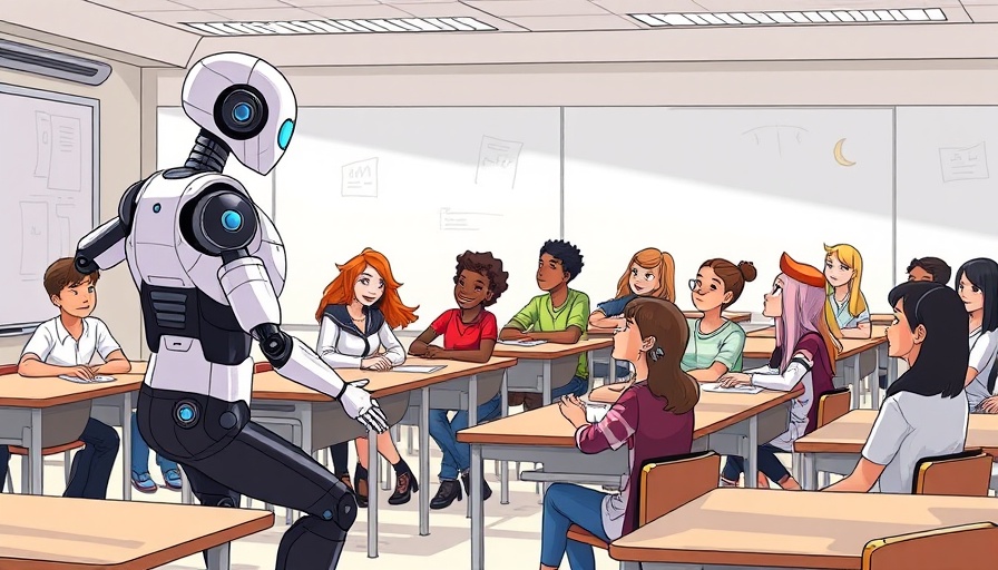 A robot teacher instructs students in a classroom, illustrating a mental health chatbot for schools.