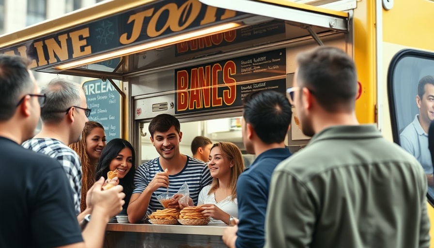 Food truck with customers ordering, showcasing vibrant urban scene.