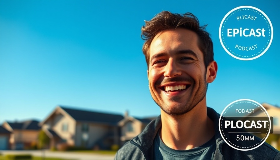 Confident man in front of suburban homes for podcast Investing in real estate with $20K.