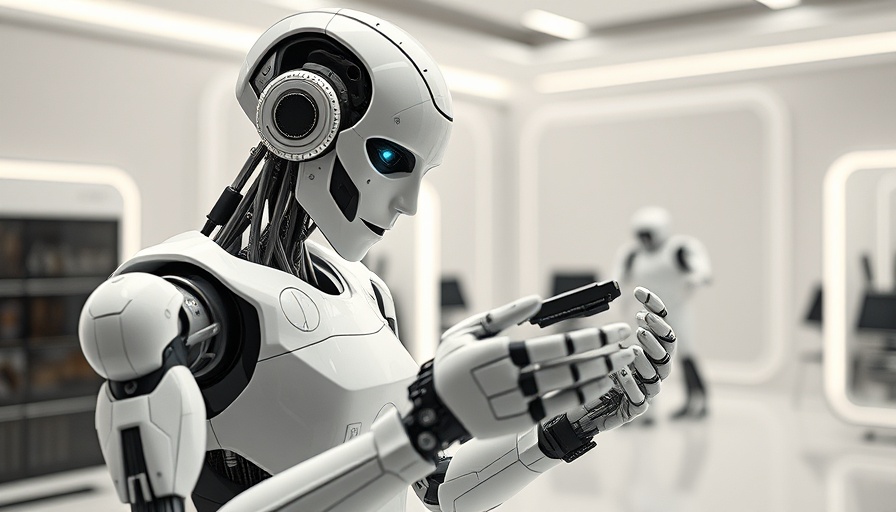Advanced humanoid robot inspecting components, showcasing self-construction technology.