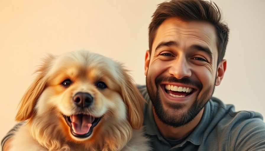 Happy man and fluffy dog promoting influencer marketing strategies.