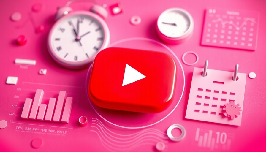 YouTube posting time concept with pink charts and clock.