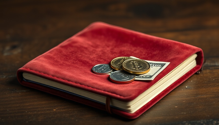 Cash disbursement journal with money and coins on wooden table.