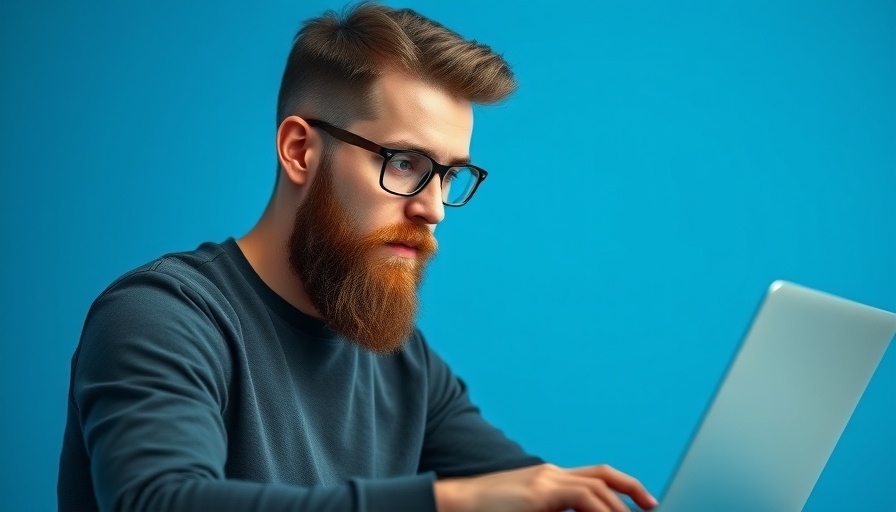 Young man using laptop with search bar overlay symbolizes zero-click internet marketing strategy.