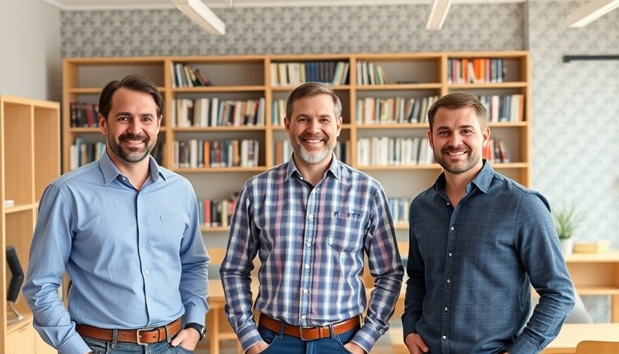 Three men smiling in an office environment, diffusion-based AI model context.