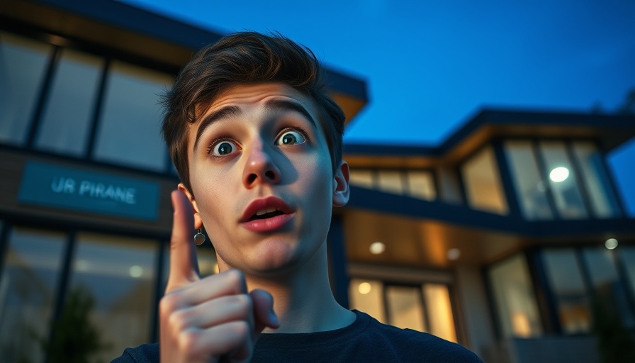 Surprised man with house background for 2025 home price forecast