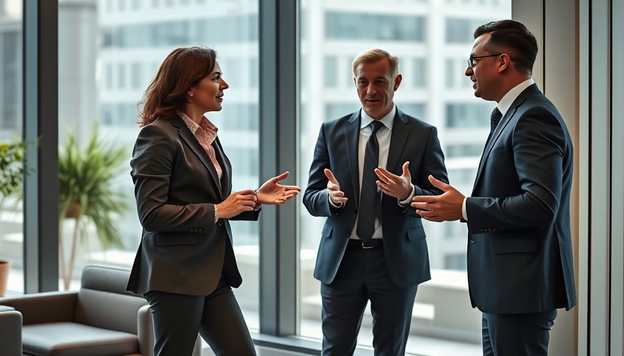 Professionals discussing selling strategies in office setting.