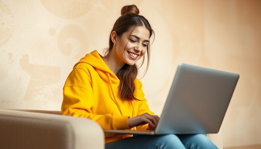 Young woman in yellow hoodie using a laptop, influencer marketing.