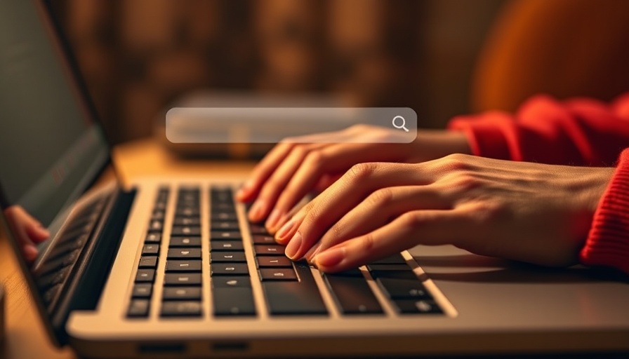 Hands typing on laptop keyboard with search bar, SEO audit tools concept.