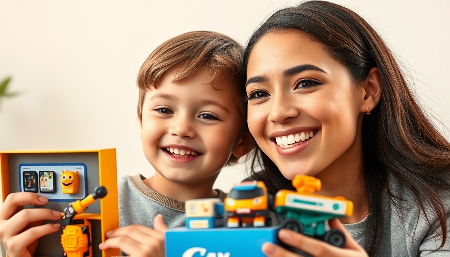 Smiling woman and child with toys for influencer marketing.