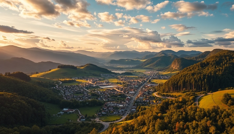 Vibrant aerial town with mountains, ideal for 2025 Airbnb investments.