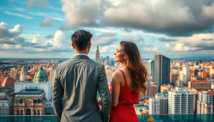 Elegant couple in luxury real estate over vibrant cityscape.