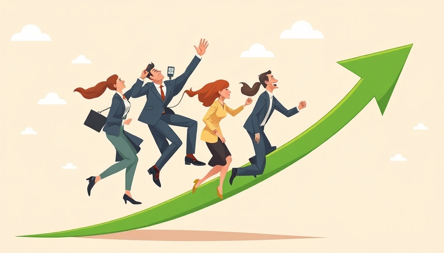 Cartoon of professionals climbing a growth arrow representing workforce development.