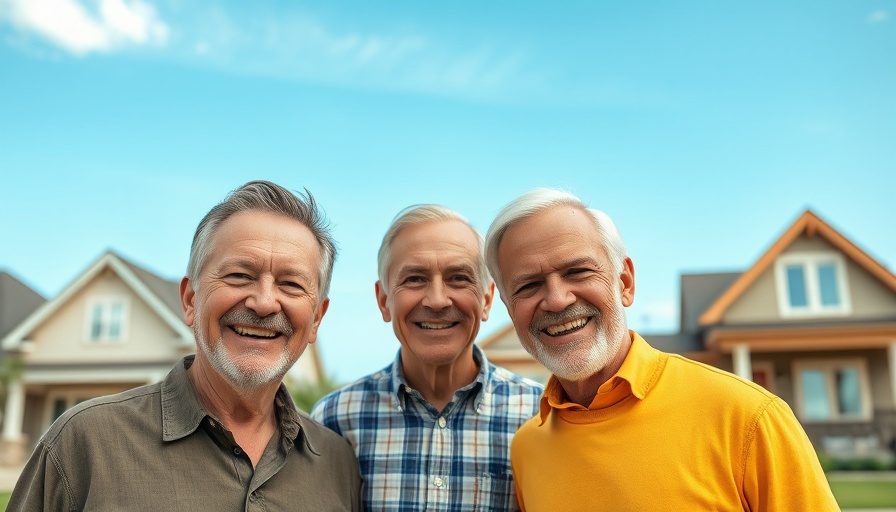 Smiling men in front of stylized houses, representing growth and success.