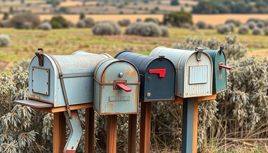 Rustic mailboxes lined up in a rural setting, related to newsletters for marketers and creators.