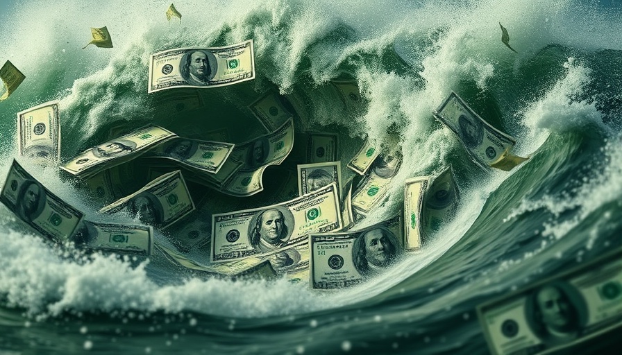 Massive wave of dollar bills representing fintech startup Ramp valuation.