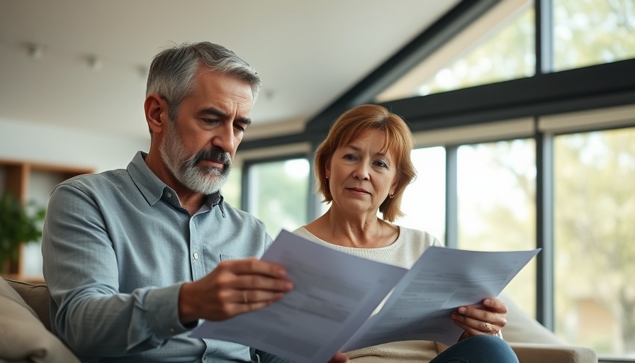 Middle-aged couple planning early retirement in modern living room.