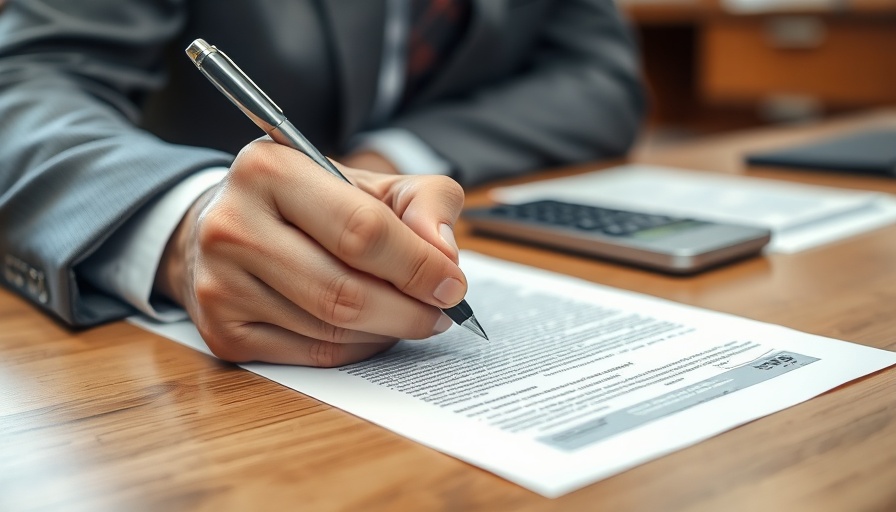 Close-up of hand signing a Certificate of Beneficial Ownership Form in an office.