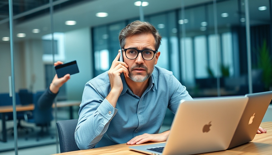 Concerned man in office holding credit card and talking on phone related to question 'what is a suspense account'.