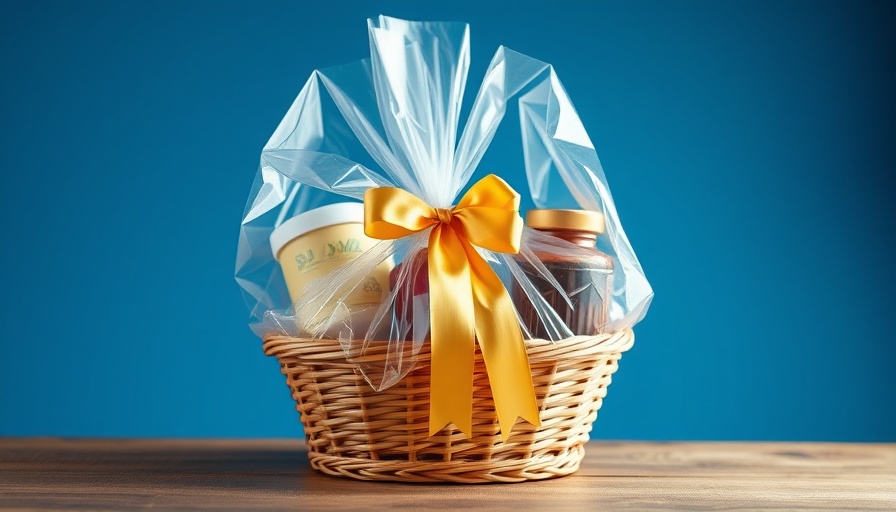 Gift basket with golden ribbon, vibrant blue background.