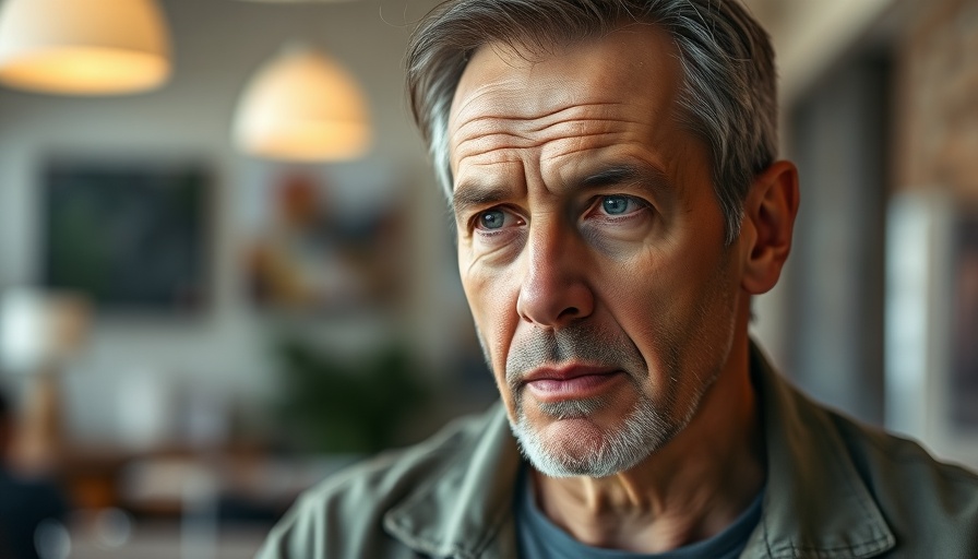 Middle-aged man contemplating Facebook ad performance, indoor close-up.