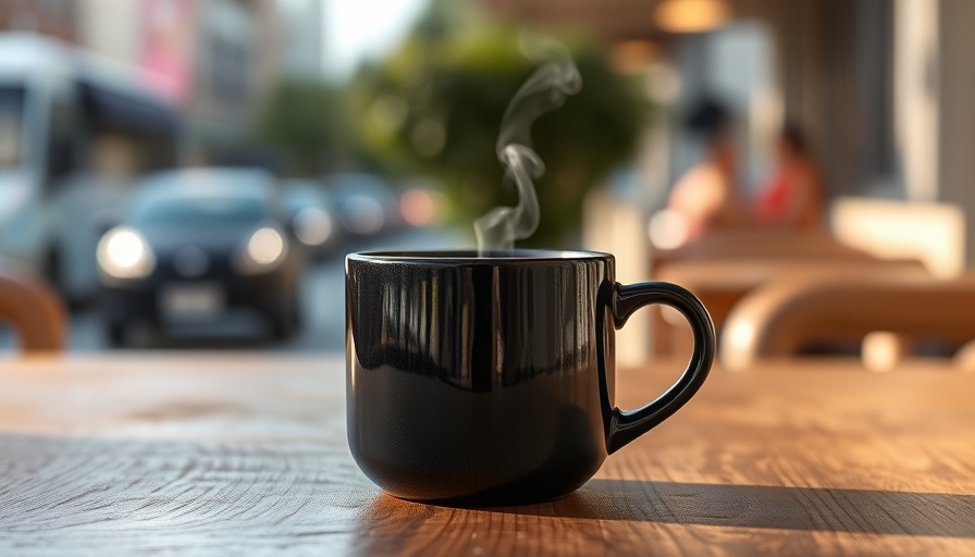 Morning coffee on a table with blurred urban background