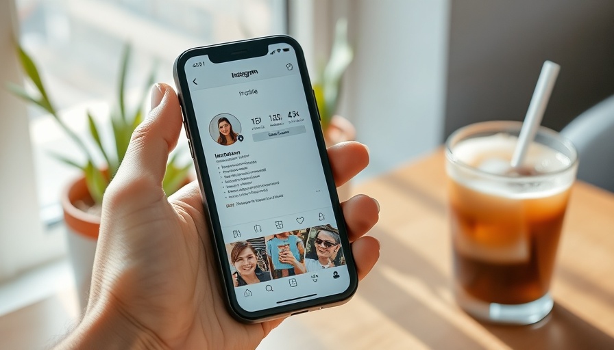 Smartphone displaying Instagram profile with coffee and plant nearby.