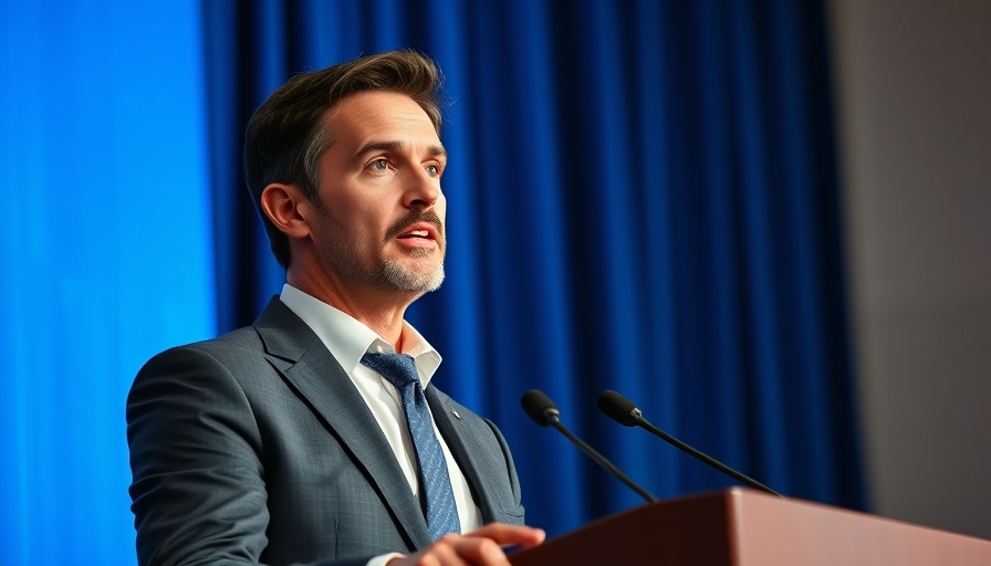 Man speaking at podium with focus, blue curtain background.