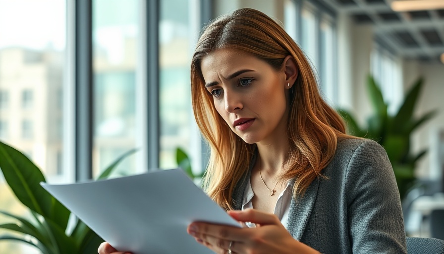 Concerned woman reviews documents in modern office, Federal Workers Downsizing Strategies.