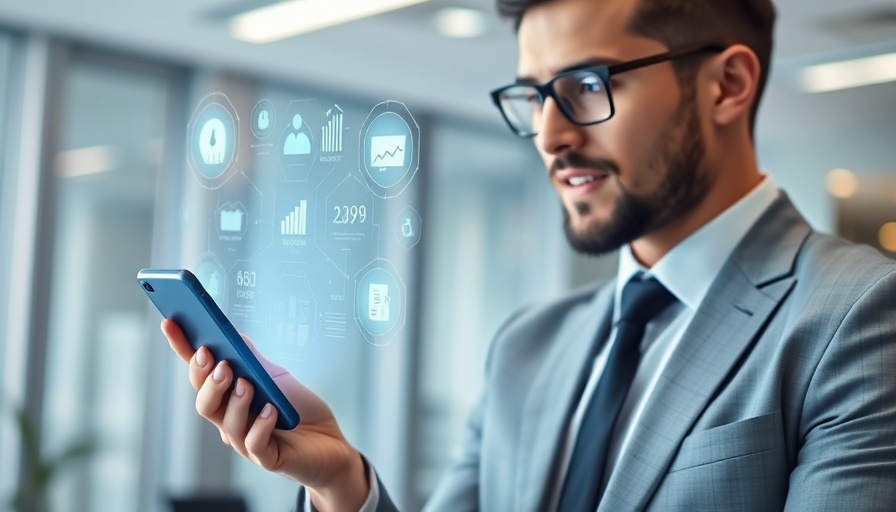 AI business ideas 2025: Professional with phone and digital interface.