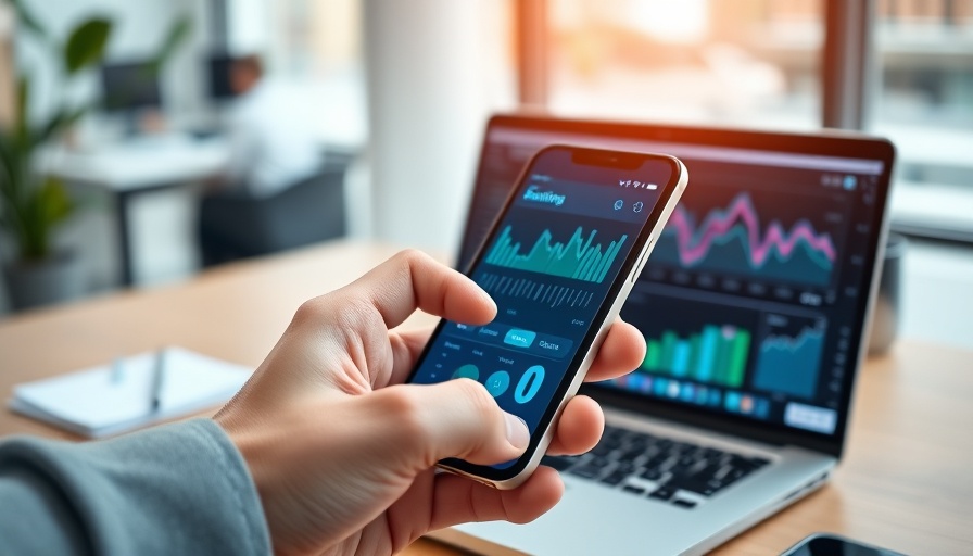 Online banking interface on smartphone with data on laptop