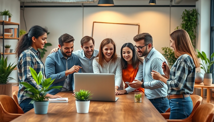 Group of professionals collaborating around a laptop in a modern office.
