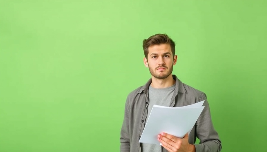 Frustrated landlord uncertainly holding documents in a green background.