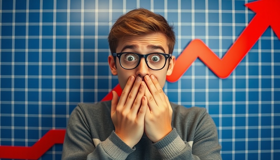 Surprised man with hands on face as mortgage rates fall graph in background.
