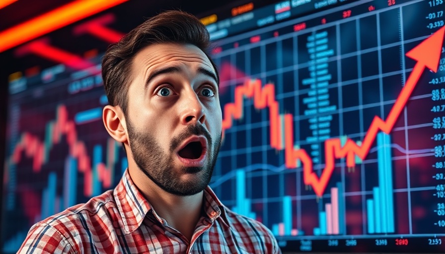 Surprised expression with falling red graph arrow, financial news theme.