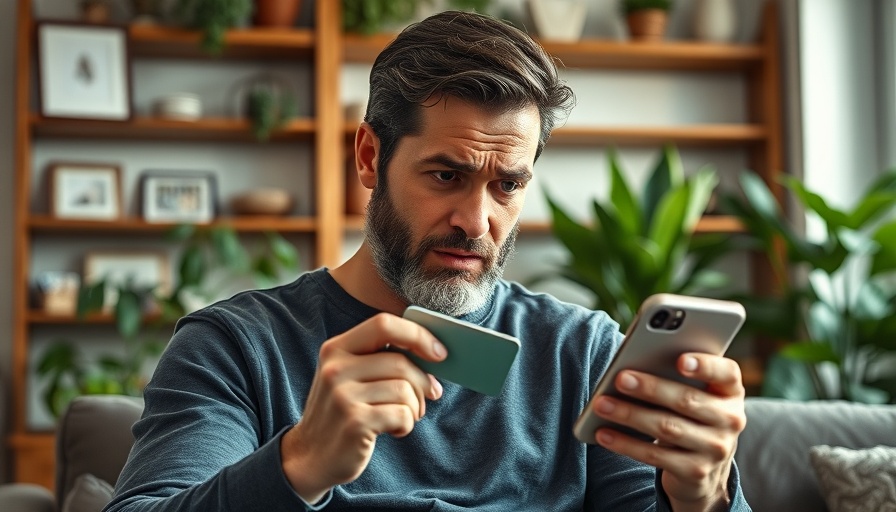 Man concerned about bank account denial, holding phone and card.