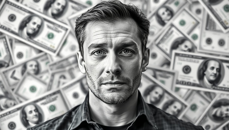 Man with dollar bills background, The Real Brokerage billion-dollar revenue 2024.