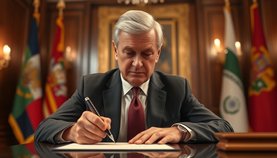 Distinguished figure signing in ornate office, expand lumber production.
