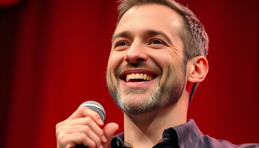 Smiling man speaking with a microphone in front of red background.